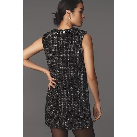 Maeve Anthropologie Sequin Embellished V-Neck Tweed Mini Dress Size S Black - Picture 2 of 4